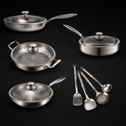 Gehamerde Titanium familieset: 4 pannen & keukengerei