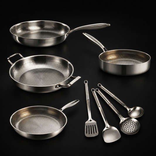 Gehamerde Titanium familieset: 4 pannen & keukengerei